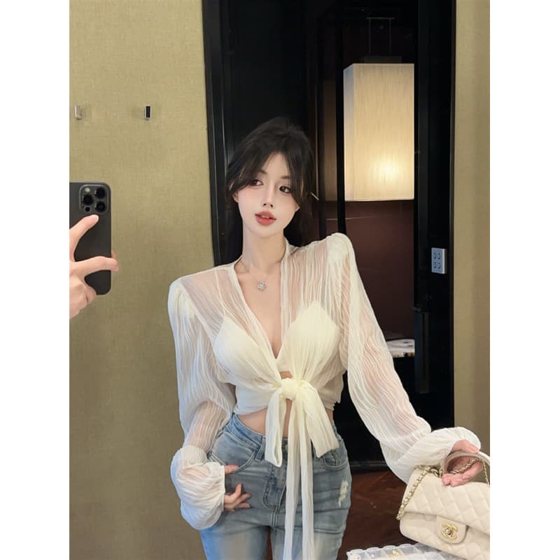 Real Shot Spring/Autumn French Collar Patchwork Long Sleeve Tie Thin Puff Sleeve Hot Girl Pure Desire Style Sun Protection Chiffon Shirt
