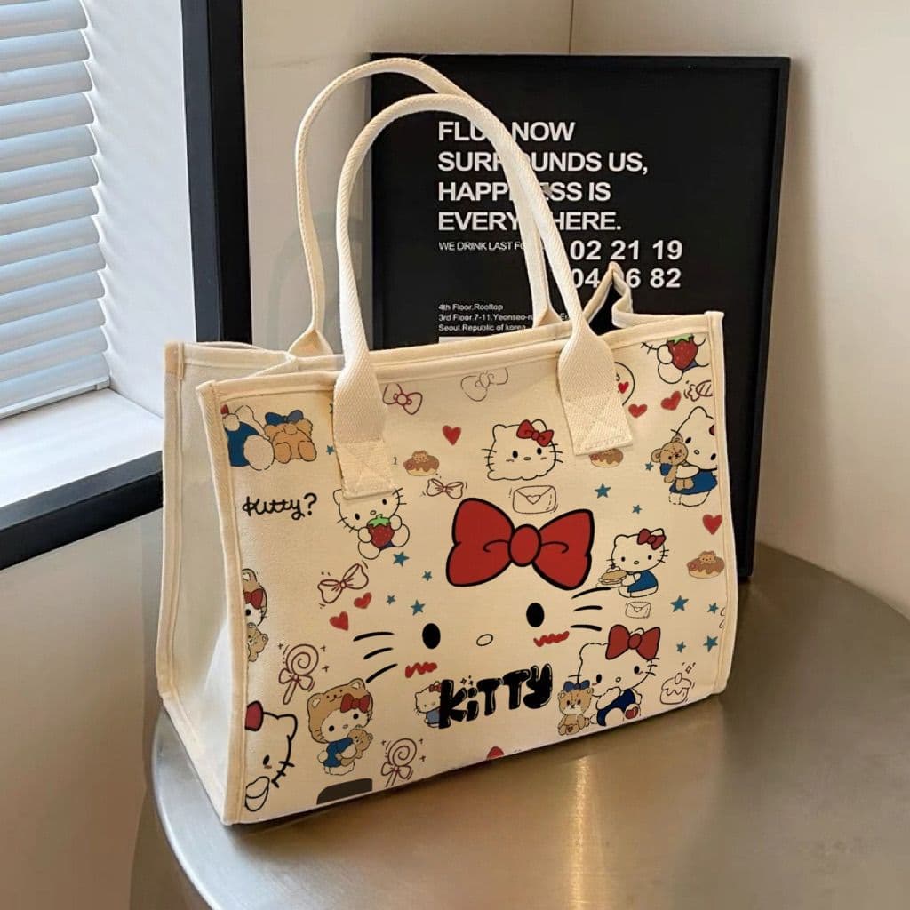 High-Aesthetic Kitty Shoulder Bag: Versatile Large-Capacity Student Canvas Tote for Commuting and Outings, Fashionable Women's Backpack
