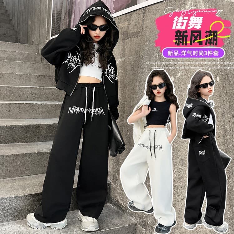 Girls Autumn Outfit Set Trendy Jacket 2026 New Style Cool Casual Sportswear 3-Piece Set for Big Kids