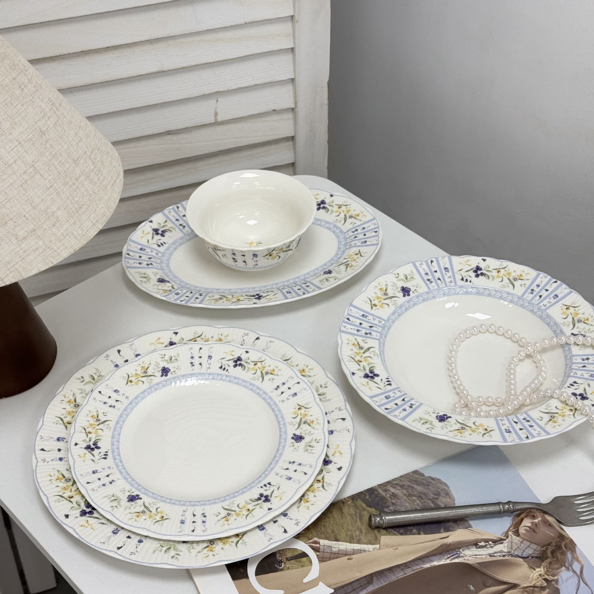 French Light Blue Iris Small Yellow Flower Vintage Relief Floral Ceramic Dinner Plate Bowl Cup Saucer Western Tableware Set