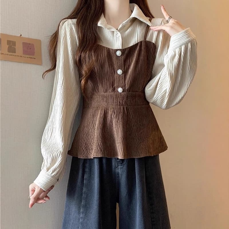 Plus Size Unique Design Two-Piece Look Waist-Tied T-Shirt for Women, Autumn Long Sleeve Top for Curvy Figures, Slimming