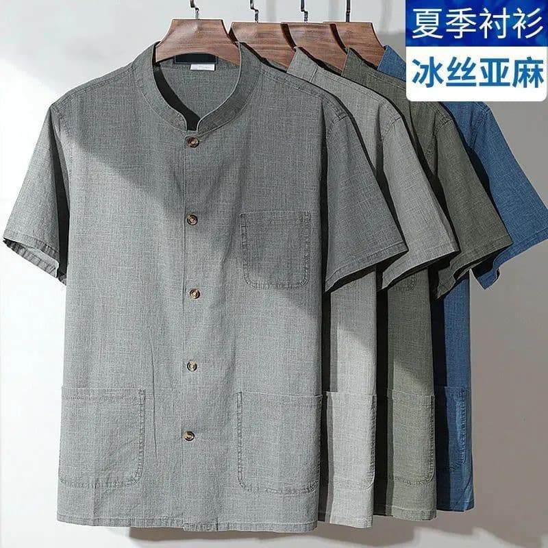 Summer Linen Ice Silk Short Sleeve Set for Middle-aged and Elderly Men, Loose Casual Plus Size Dad Shirt