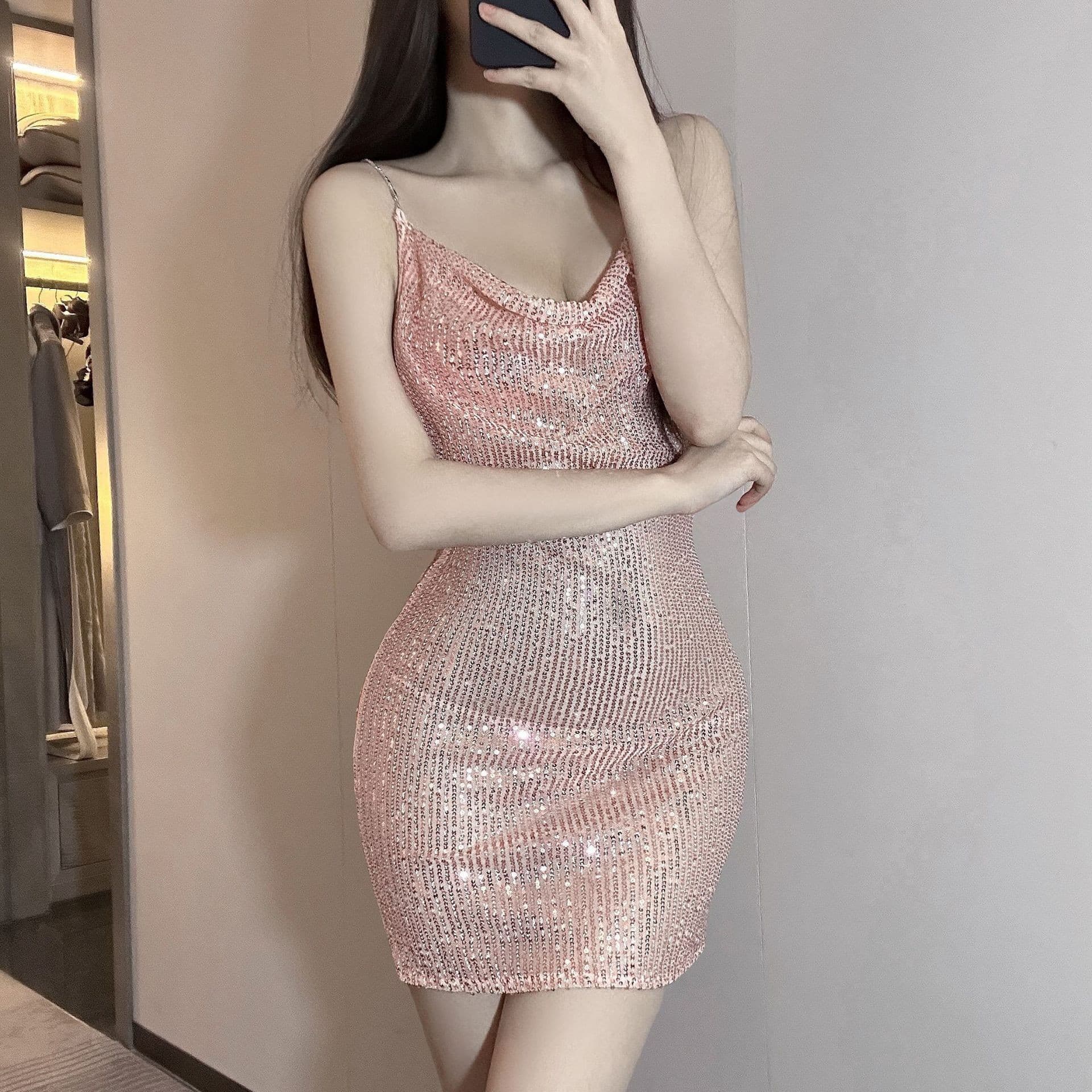 Sparkling Sequin Lingerie Halter Low-Cut Chain Cross Backless Bodycon Slip Dress