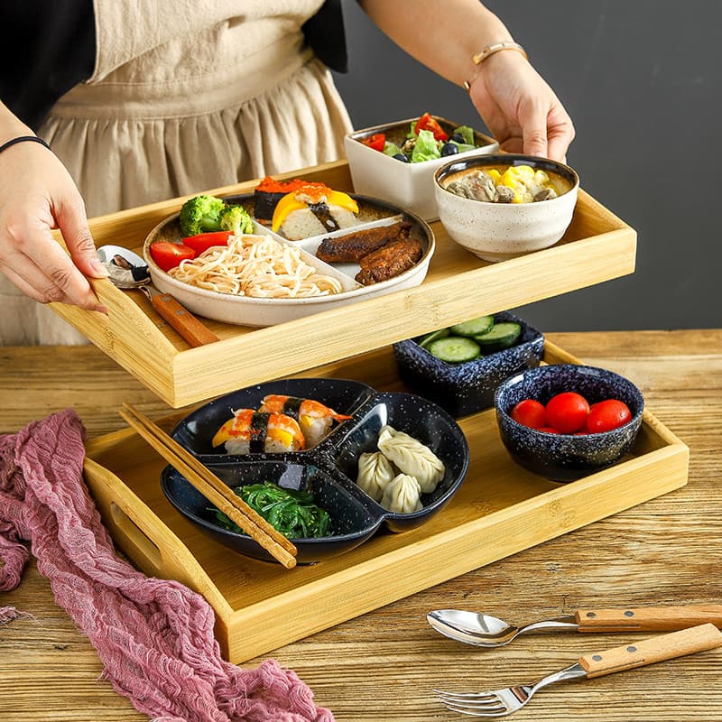 Japanese Breakfast Plate Set, Single-Serve Divided Plate, Home Use, Diet Meal, Portion Control, Wooden Tray Set