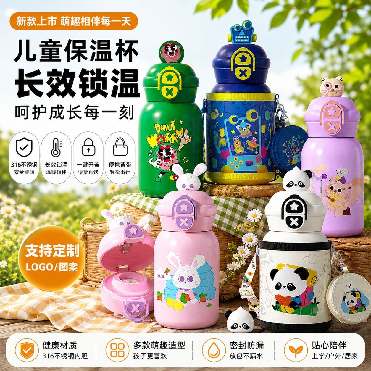 Kids Insulated Water Bottle, Trendy High-Appearance Cartoon Cute Boys Girls Tumbler, Dual-Drink Straw Cup, 316 Stainless Steel