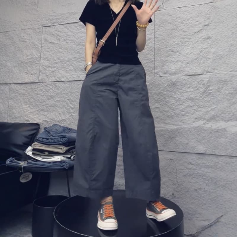 Large size scimitar wide-leg casual pants for women 2026 summer thin section for small people slimming back waist elastic nine-point balloon pants