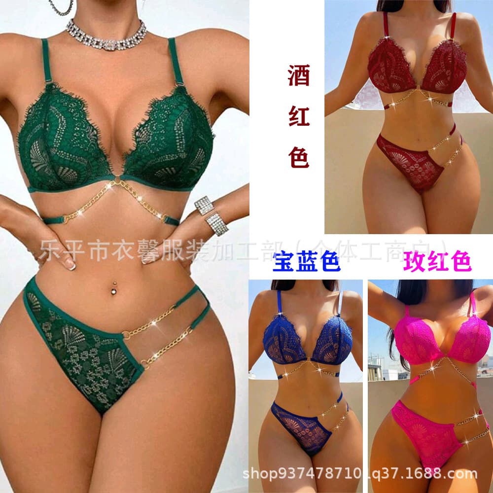 European and American Amazon Sexy Sheer Eyelash Lace Underwear Hollow Metal Chain Lingerie Two-Piece Set