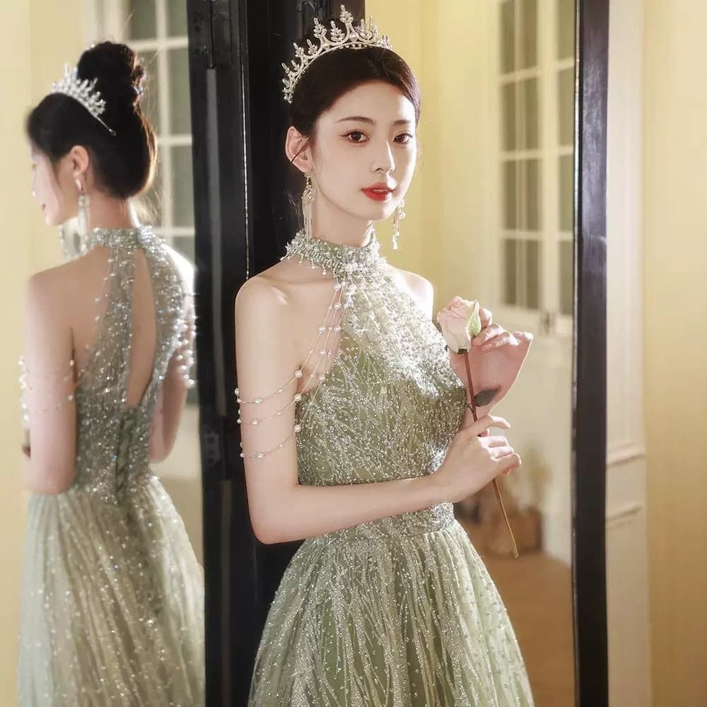 Halter Neck Evening Dress High-End Luxury Hostess Dress Sexy Birthday Party Student Graduation Elegant Green