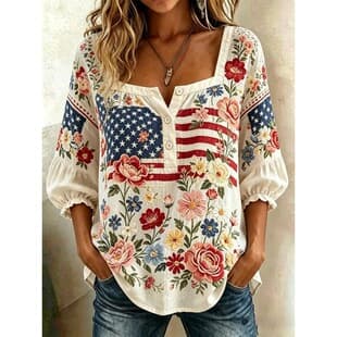 2026 New Cross-border TEMU Independent Station 3D Print Women's Floral Square Neck Button T-shirt European Size Women's Shirt