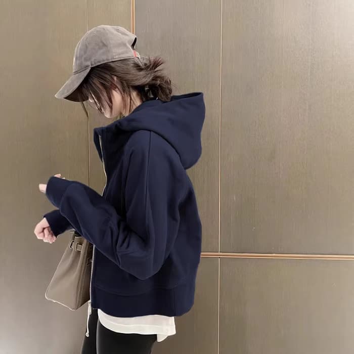 Navy Blue Thick Hoodie Jacket Lazy Style 2025 Hooded Fleece Cardigan Hoodie Autumn Winter Women's Clothing
