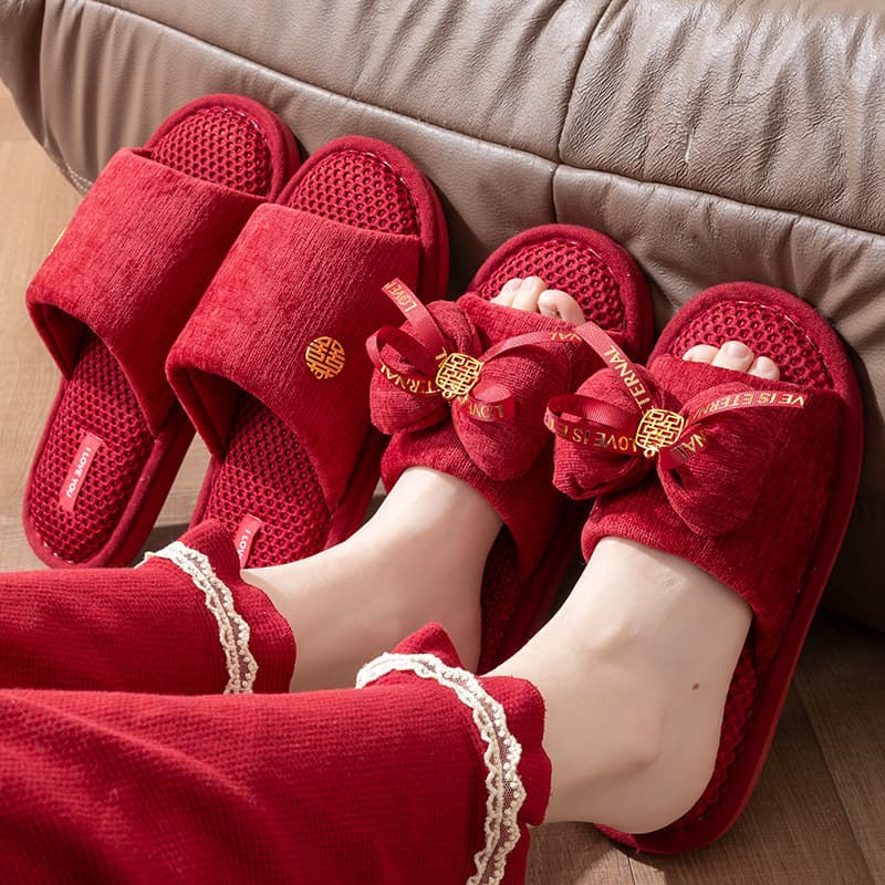 Wedding Slippers Summer Spring Autumn Couple Groom Bride Red Home Indoor Linen Slippers for Men and Women