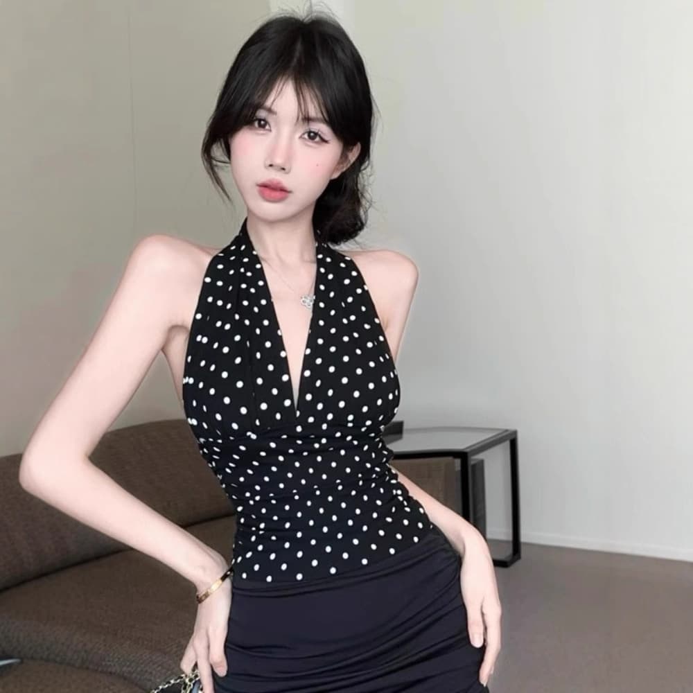 American Style Black Polka Dot V-Neck Hanging Neck Vest Women Summer Outdoor Pure Desire Slimming Sexy Backless Sleeveless Top