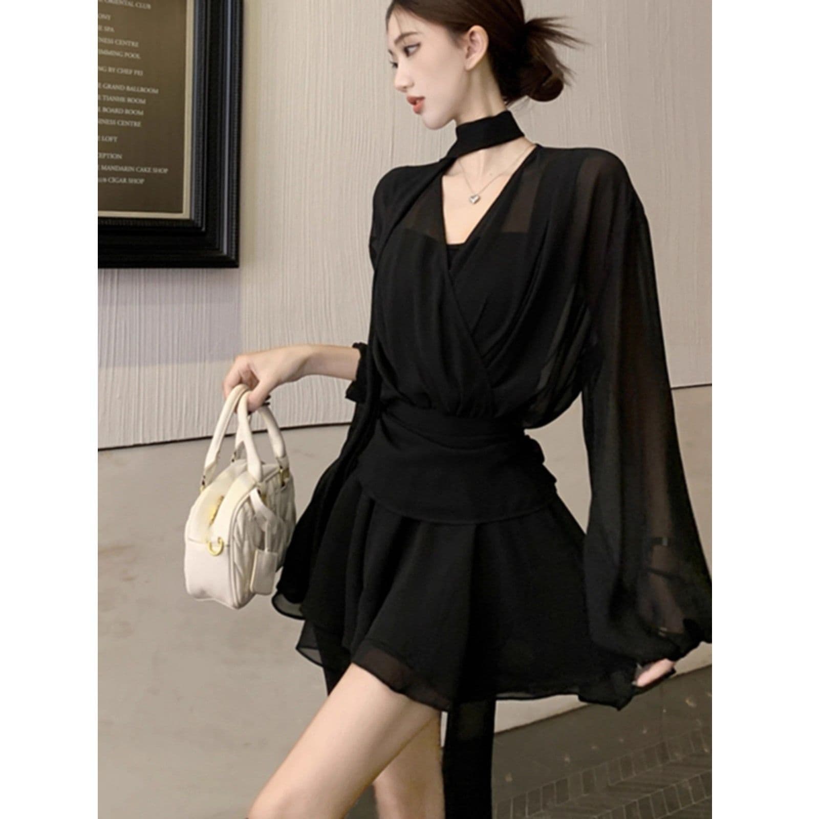French Sexy Design Waist Slightly Translucent Ribbon Long Sleeve Dress 2026 Spring and Autumn New Sexy A-Line Skirt