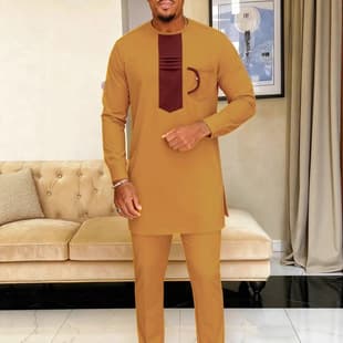 Cross-border Export New African Men's Set 2-Piece Solid Color Patchwork Men's Casual Set Men's Traditional Clothing