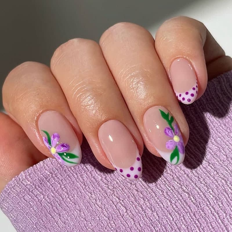 New Fresh Elegant Almond White French Purple Floral Dot Fake Nails European American Wearable Almond Nails