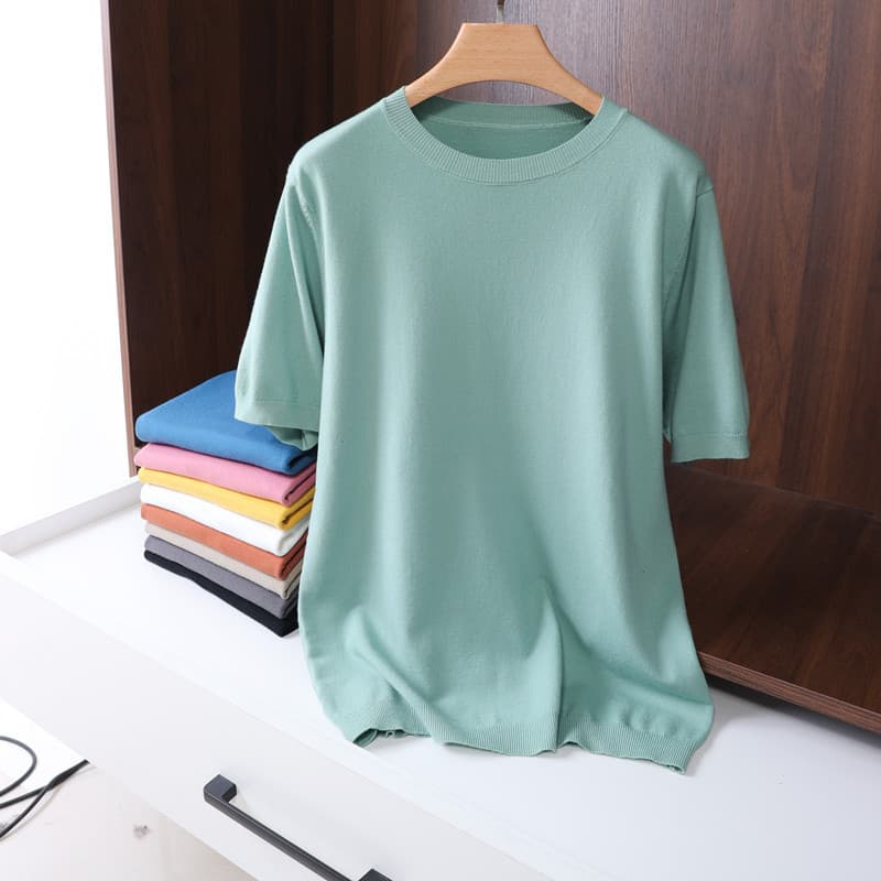Eordos Woolen Knitted Ice Silk T-Shirt Men's Short Sleeve Crew Neck Pure Color Spring Summer Base Layer Shirt Casual Wear