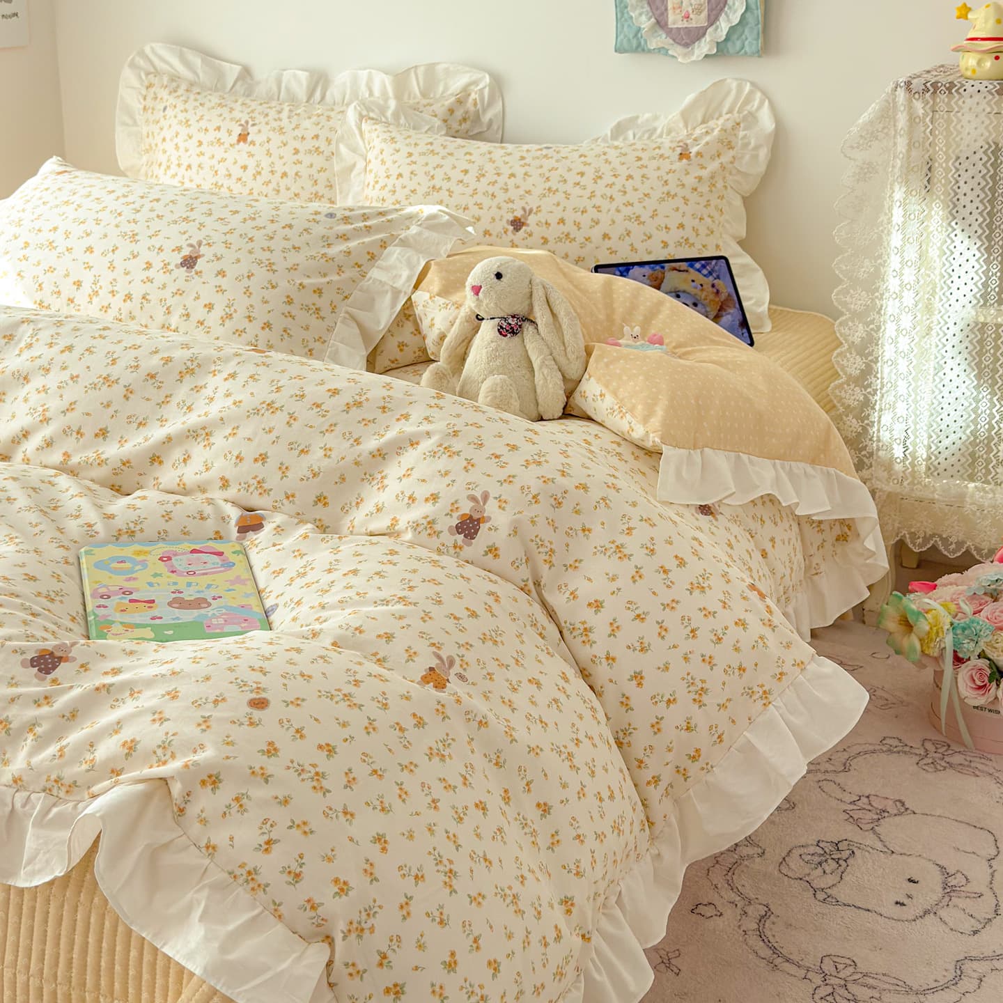 2026 Pure Cotton Quilted Lace Bed Cover Four-Piece Set, Pure Cotton Printed Children's Princess Style Single Duvet Cover, Bed Cover
