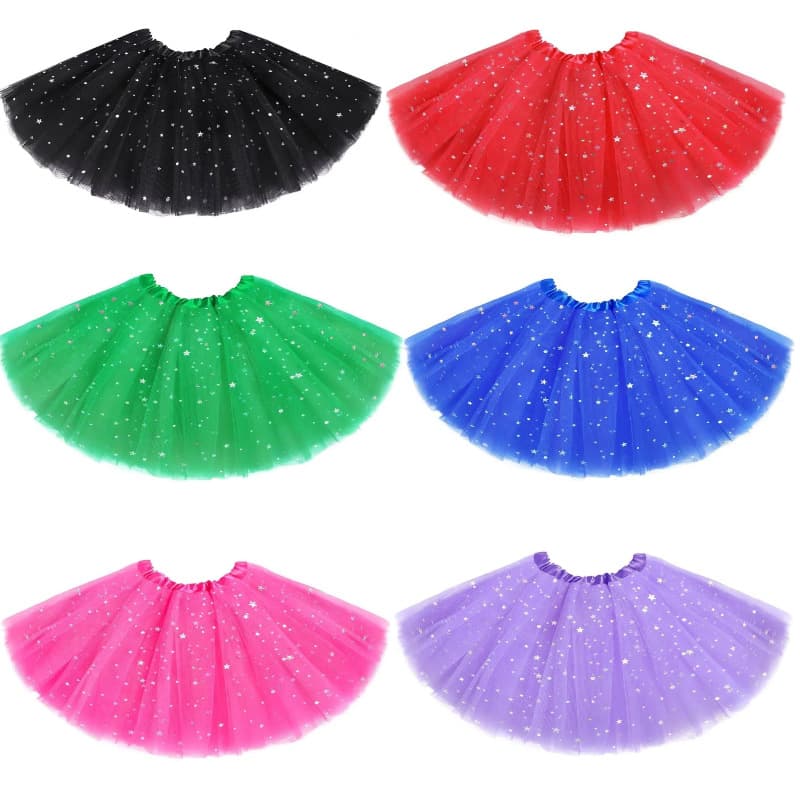 Amazon Girls' Tutu Puff Skirt with Glitter, Three-Layer Six-Panel Tulle Skirt, Children's Ballet Dance Skirt
