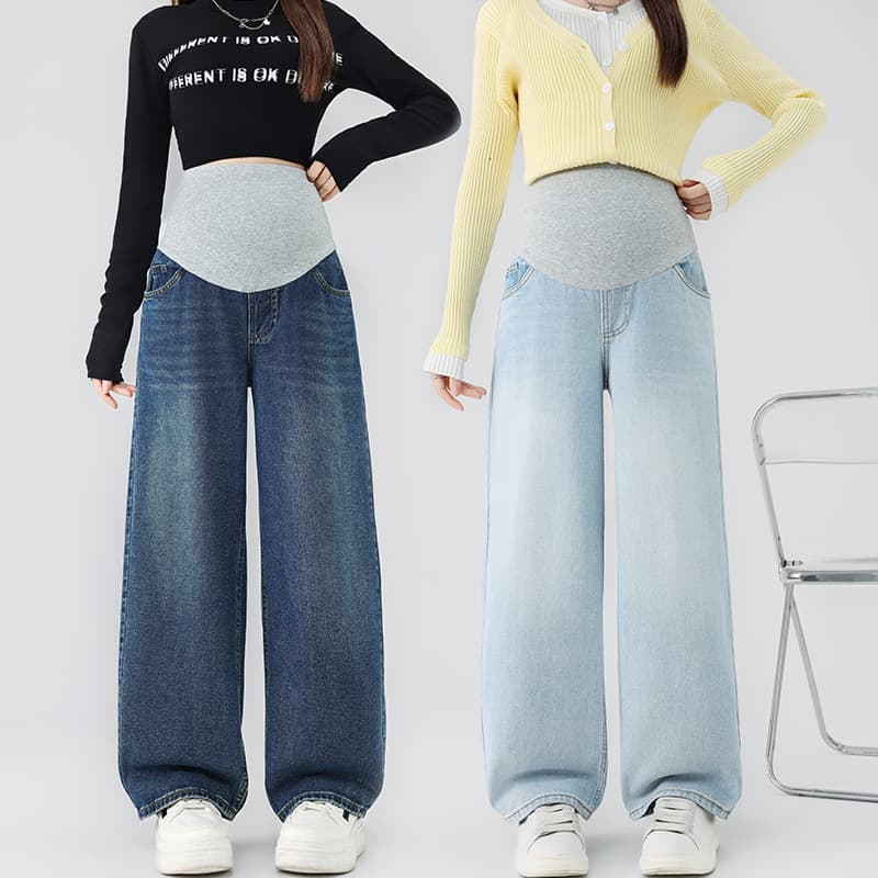 Pregnant women's loose jeans, spring and autumn fashionable high-waisted belly-supporting large-size wide-leg trousers, high-waisted to look taller and slimmer