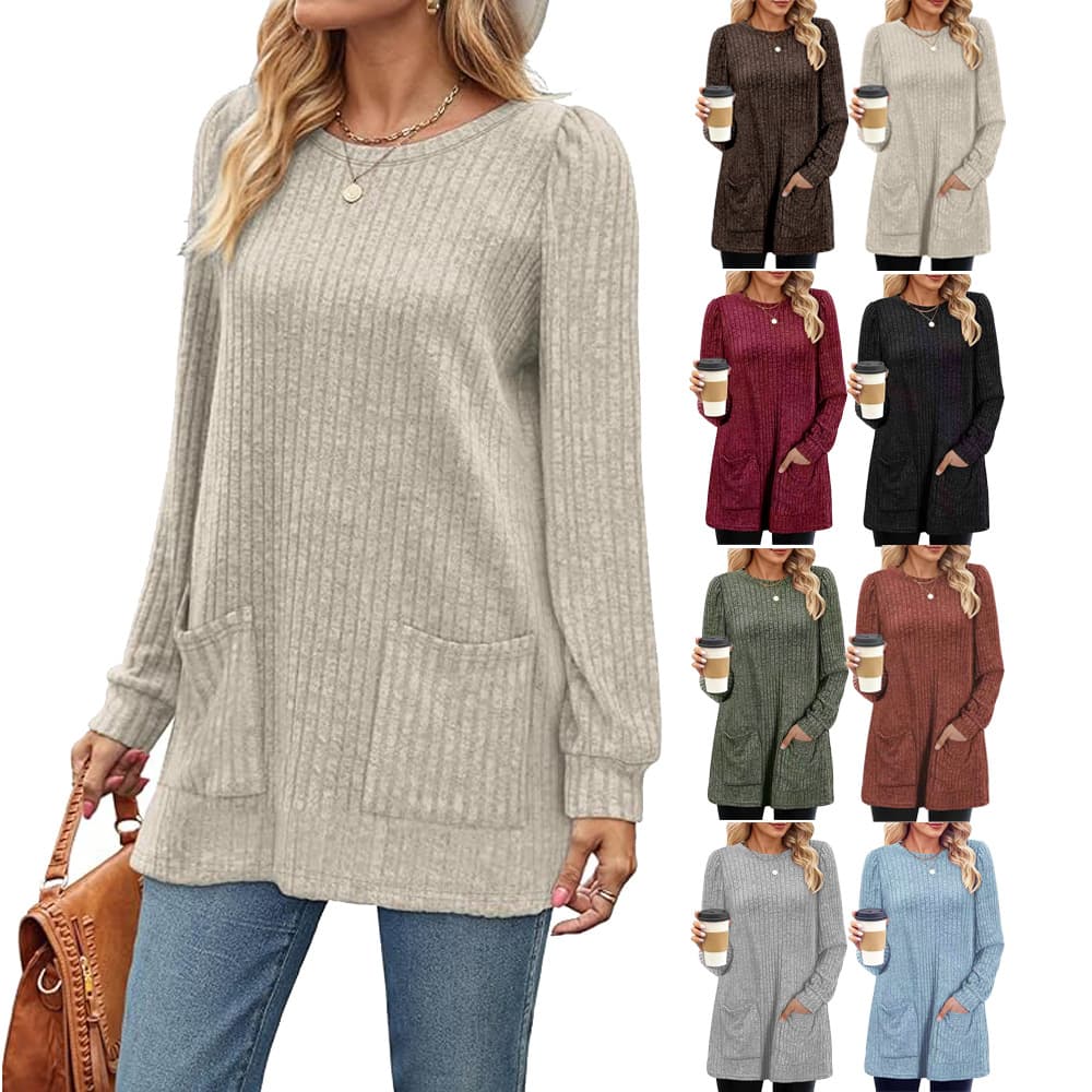 2023 Fall/Winter New Arrival Mid-Length Knit Sweater, Round Neck, Ribbed, Solid Color with Pockets for Women