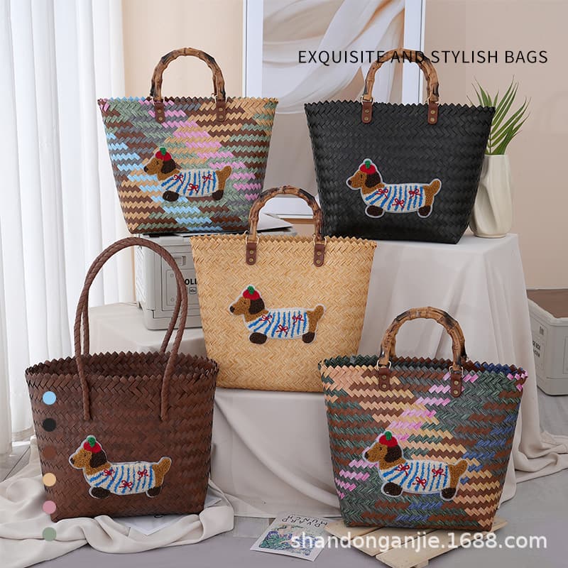 Bamboo Bag, Large Capacity, Cute Cartoon Dachshund Dog Gift Bag, Hand-Woven Bag, Women's Casual Handbag