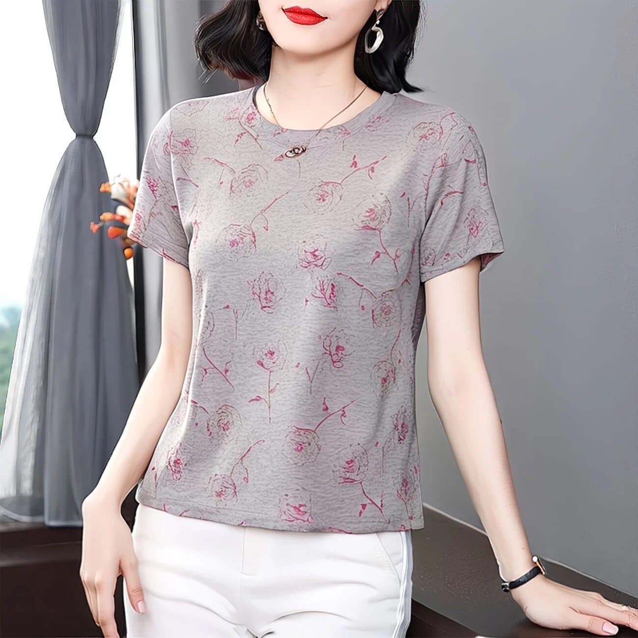 Cross-Border Mom-Style Trendy Printed Short-Sleeve T-Shirt for Women, Summer Loose Fit, Slimming, Fashionable, Age-Reducing, Middle-Aged Women's Top