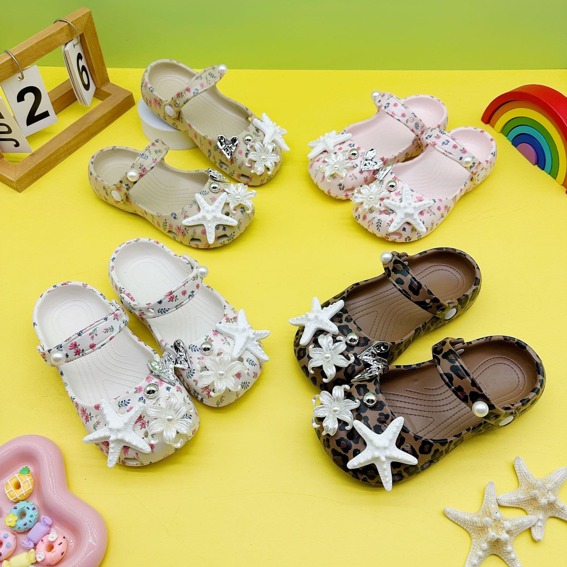 2026 EVA Printed White Starfish Ballet Croc Sandals, Anti-Slip Children's Summer Outdoor Clog Slippers, Cross-Border