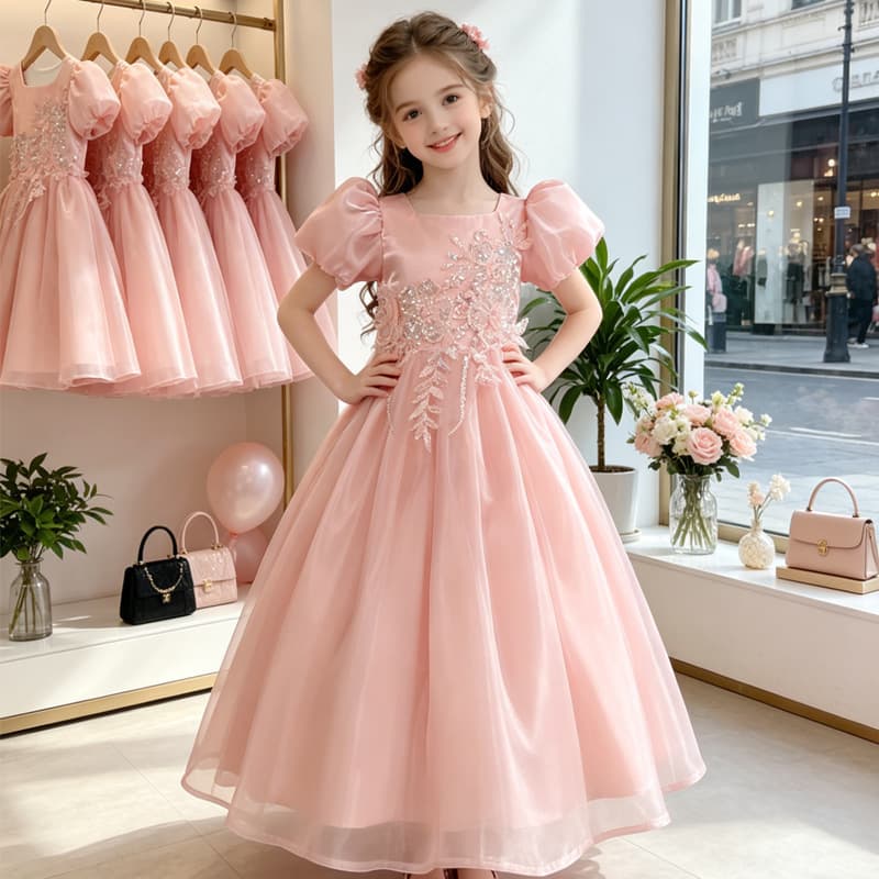 Heavy Embroidery Puff Sleeve Girls Pink Long Dress with Big Tulle Skirt for Hosts, Flower Girls, and Stage Performances