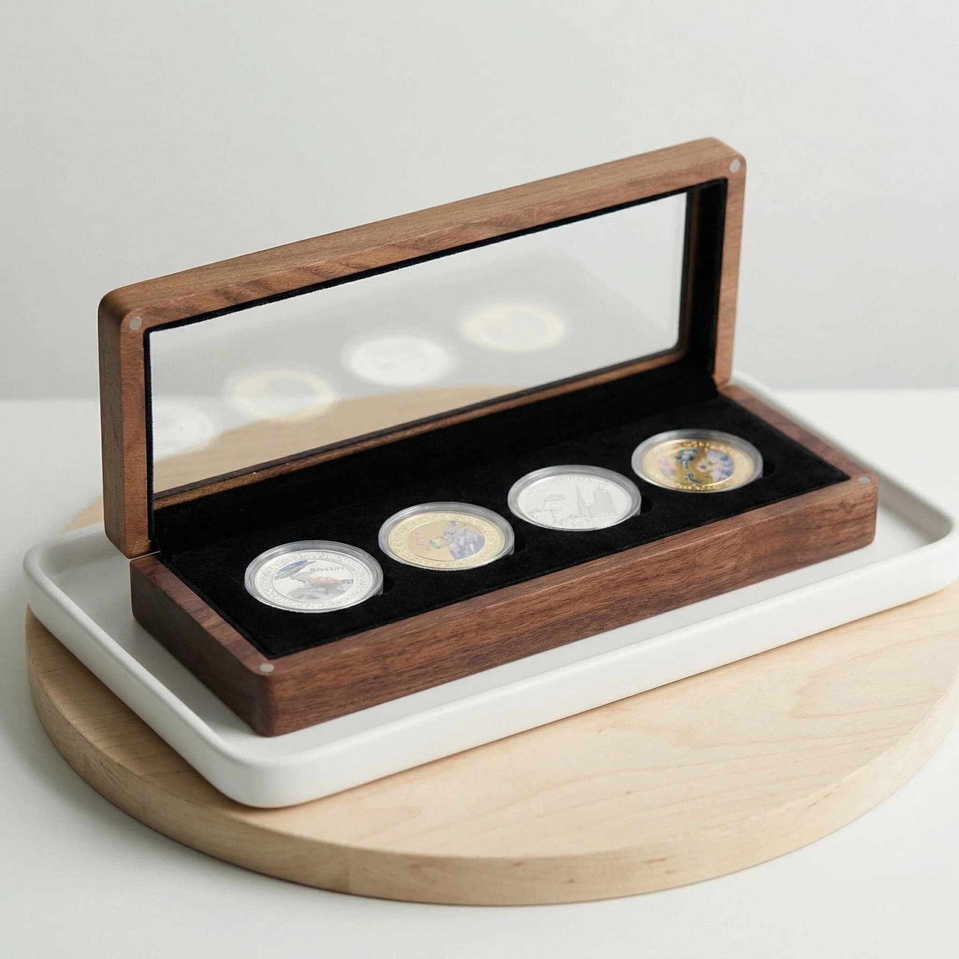Black walnut multi-coin packaging storage gift box solid wood four-coin ancient coin commemorative coin wooden box with window opening collection gift