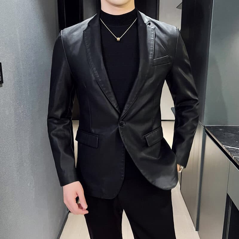 Men's Autumn Motorcycle Leather Jacket, Thin Cardigan Style with Button Design, Long Sleeve, Classic Slim Fit, Versatile for Young Men