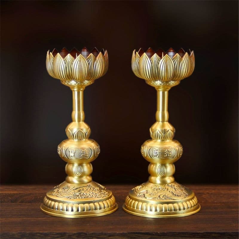 Wholesale Brass Lotus Candle Holder Pair for Buddhist Hall Worship, Lotus Candle Lamp Ornaments, Wedding Supplies Gift