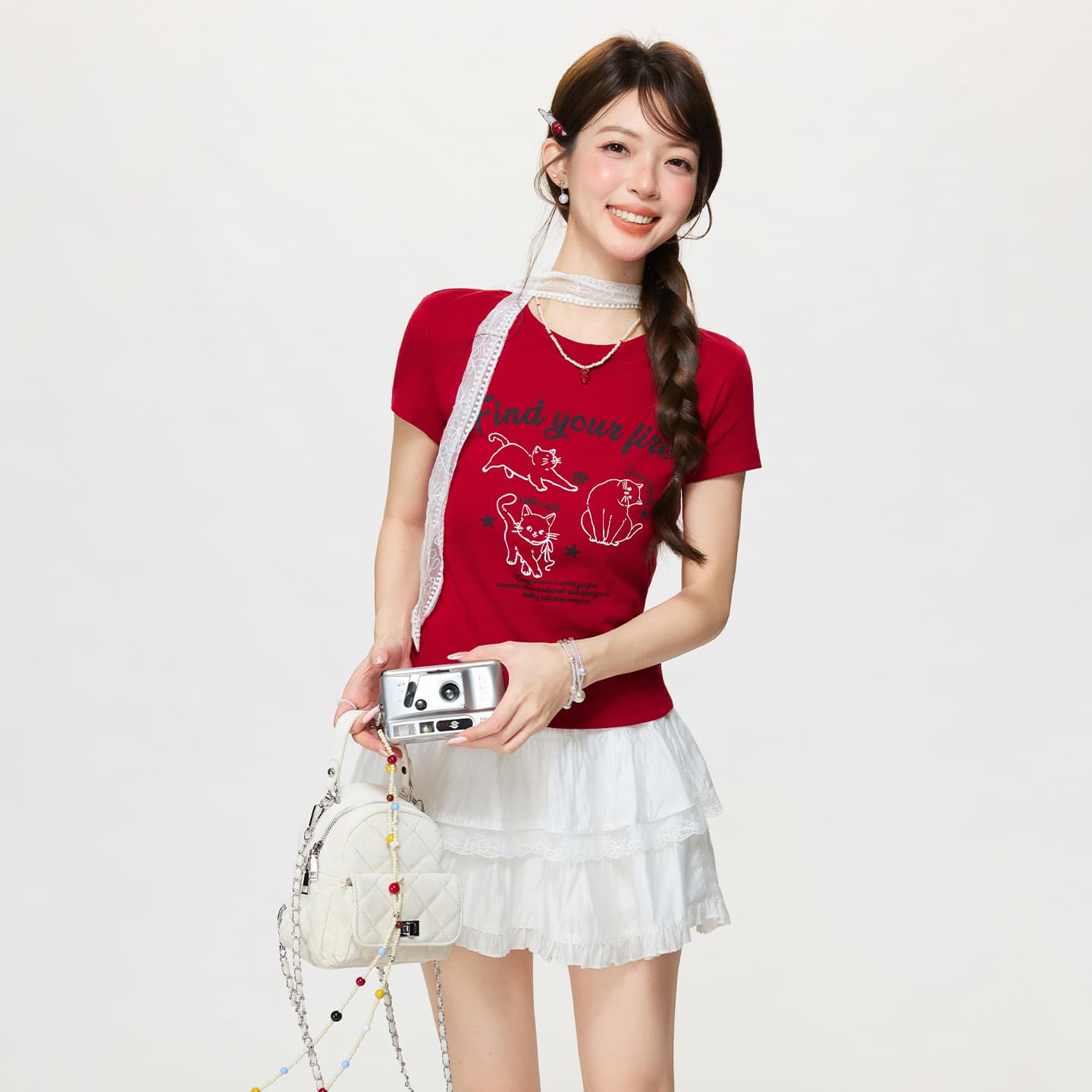 Korean-style red round-neck letter cat print short-sleeve T-shirt for women, 2026 spring/summer new slim-fit top