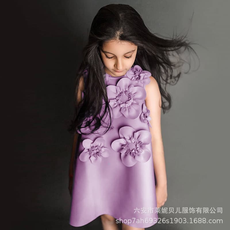 Girls' Princess Dress European American Style Formal Gown Girls Autumn Winter Dress Children Purple 3D Flower High-end Formal Dress