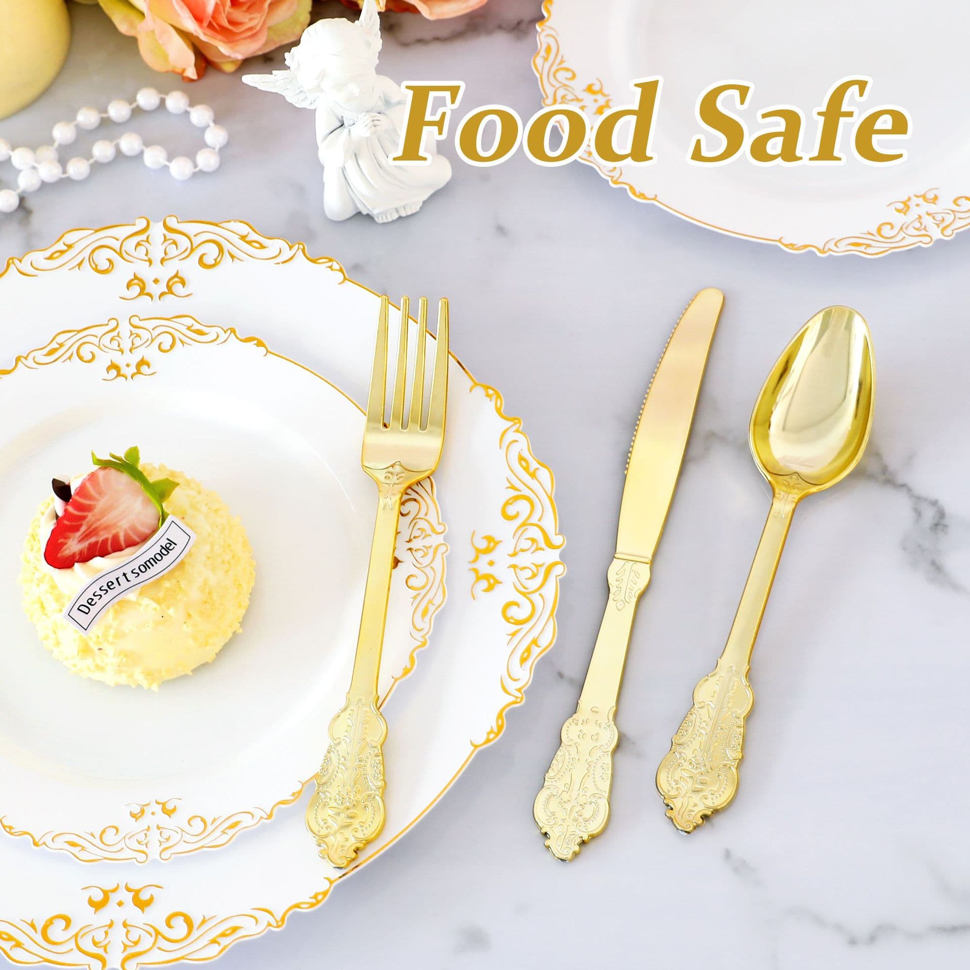 Cross-border Hot-Selling Retro Embossed Gold Disposable Plastic Knife Fork Spoons, Birthday Wedding Cutlery, In Stock from Manufacturer