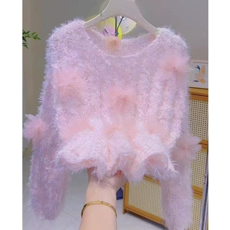 Soft Cozy Floral Sweet Fresh Style Korean Loose Sweater Autumn Winter Fashion Gentle Series Top for Younger Looking