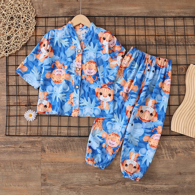 Summer Girls Cotton Silk Pajamas 3/4 Sleeve Kids Cotton Silk Boys Girls Homewear Air Conditioning Suit Set