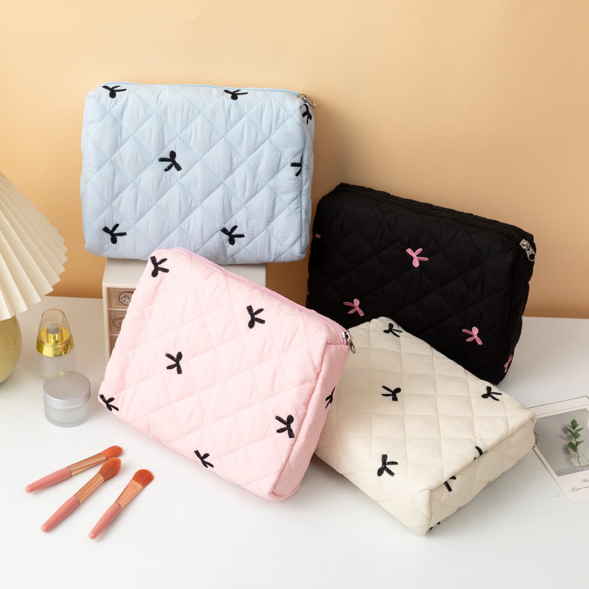 Large Capacity Handheld Makeup Bag with Embroidered Butterfly Knot Portable Sewn Cotton Travel Student Use Cute Flower Design