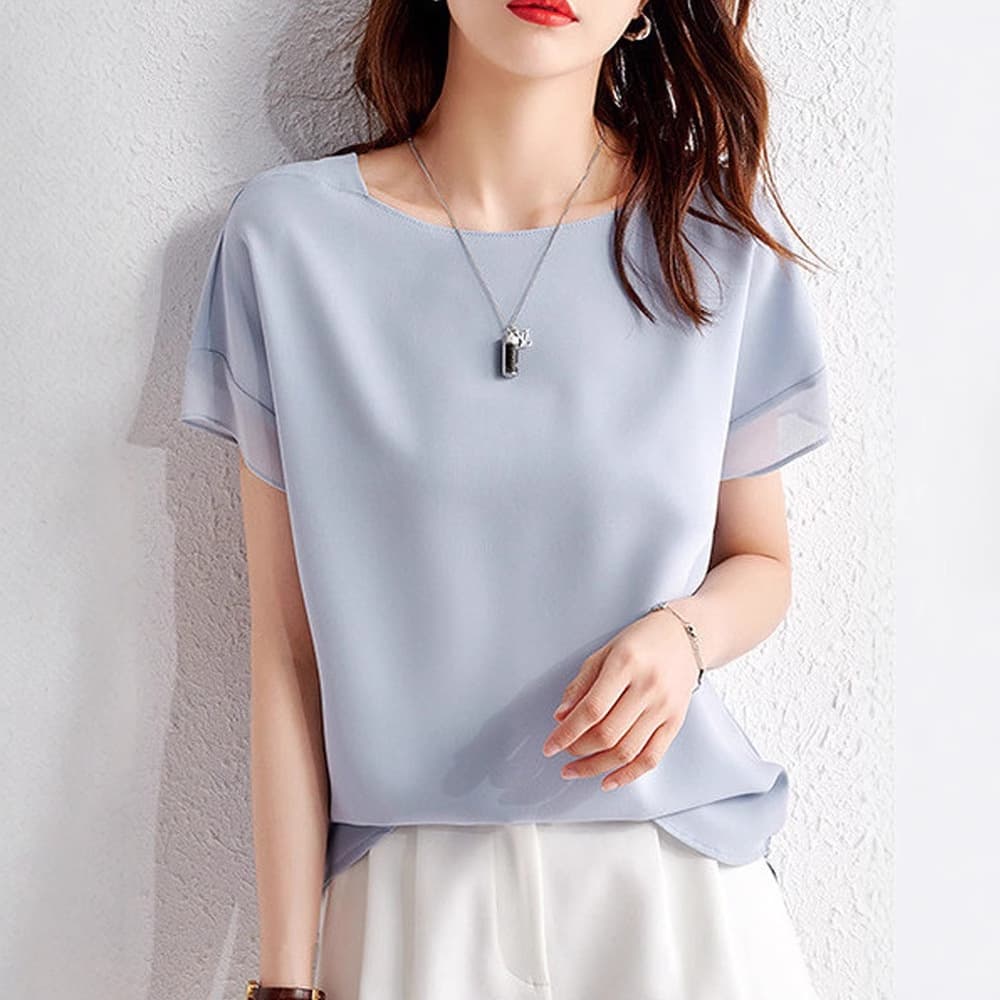 2025 Summer New Short Sleeve Chiffon Shirt Women Loose Round Neck Belly Cover Slim Fit Top Fashionable Stylish Blouse