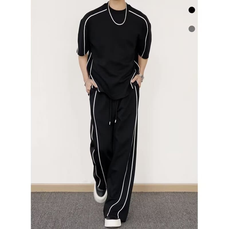 Summer Design Contrast Stitching Casual Sport Suit for Men, Fashionable Loose Short Sleeve and Long Pants Two-Piece Set