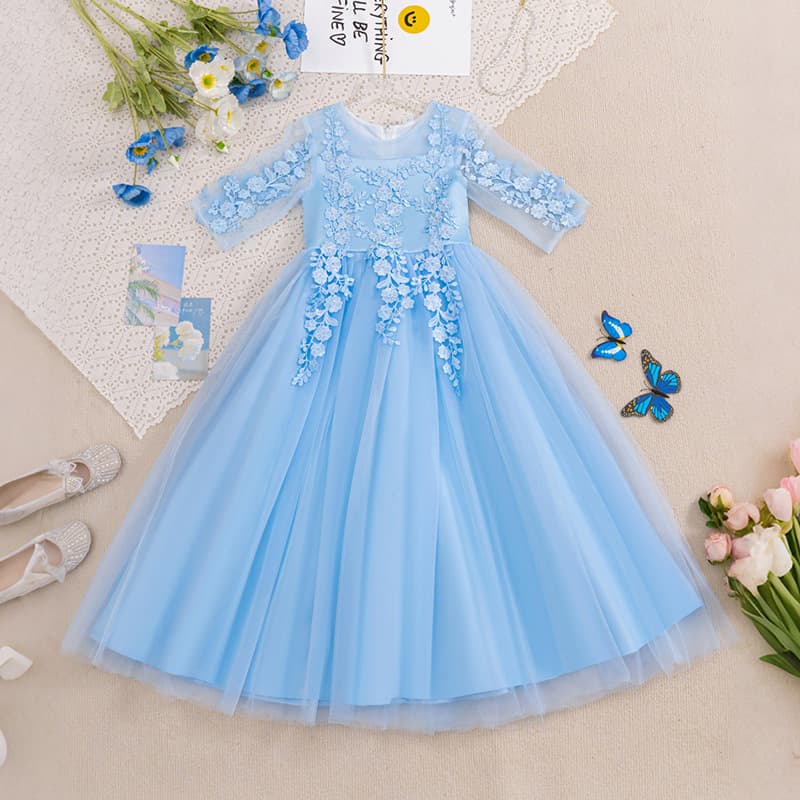 New Cross-Border Long Lace Flower Girl Dress for Piano Performance, Wedding, Hot Sale in Stock