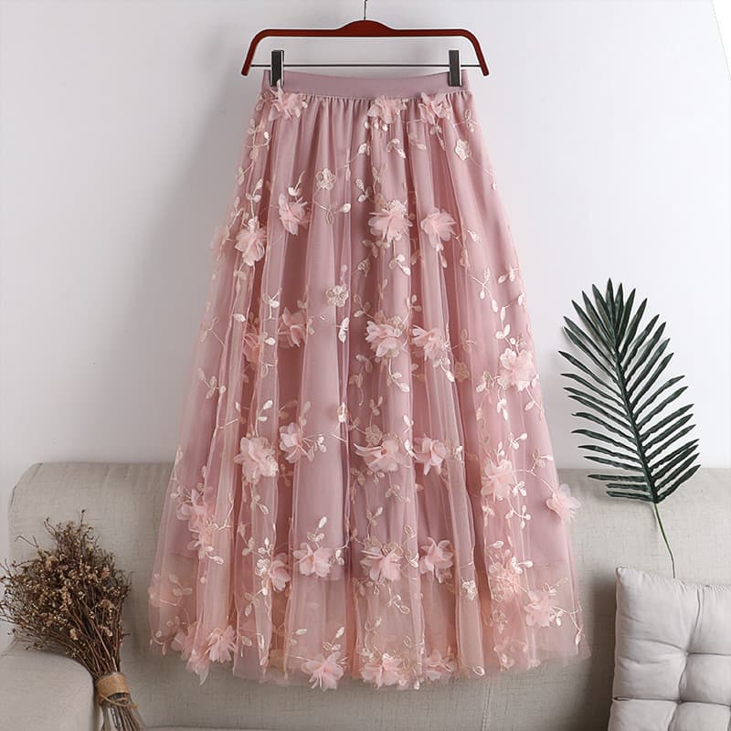Elegant Gentle Embroidered Heavy Embroidery Midi Skirt 3D Flower Soft Atmosphere Fresh Fairy Skirt Polyester Fiber Skirt