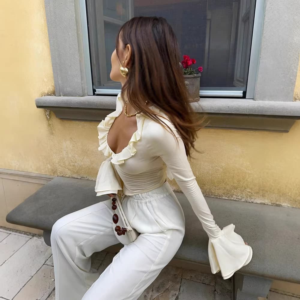 Cross-border Ins AliExpress 2025 Spring Autumn New Women's Bell Sleeve Daily Ruffle Lapel Irregular