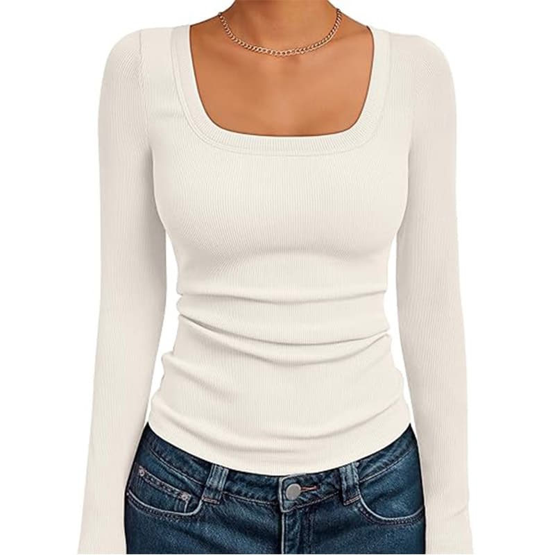 Women's Long Sleeve Square Neck Ribbed Knit Basic Crop Top Fall Clothing