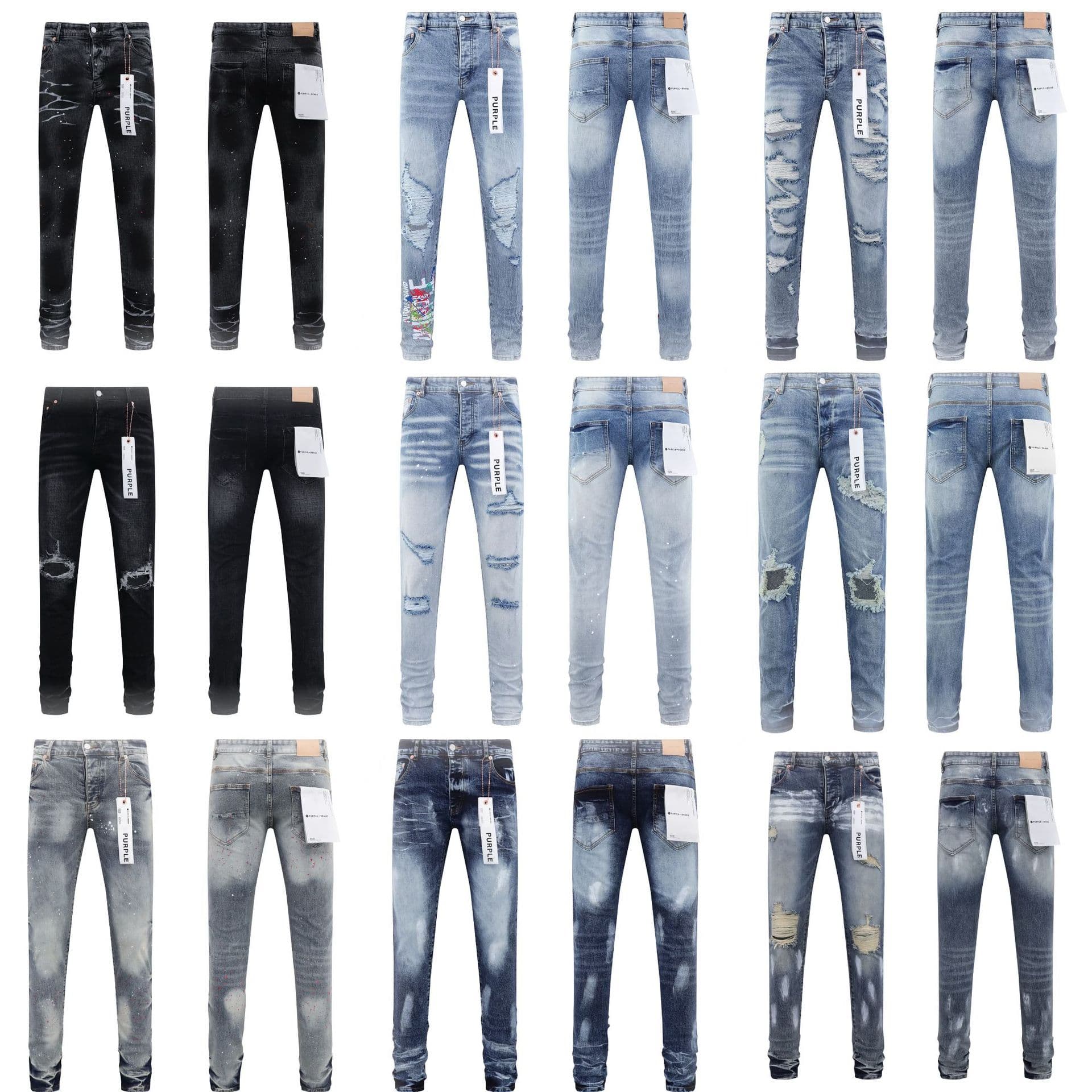 Purple Brand Jeans Trendy High Street Men's Casual Ripped Design Slim Fit Jeans
