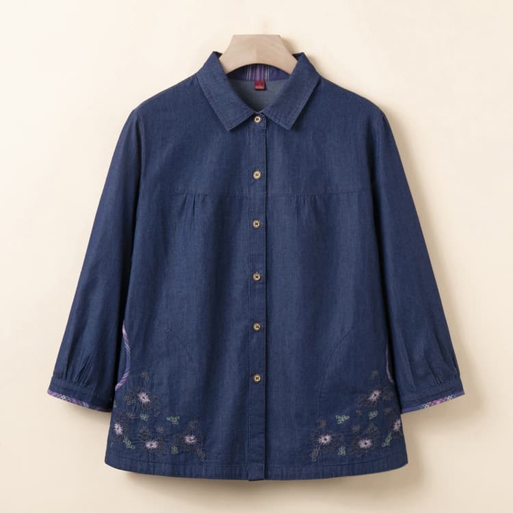 Spring and Autumn Cotton Denim Long-Sleeve Shirt for Middle-Aged and Elderly Women, Embroidered Loose-Fit Mother's Blouse