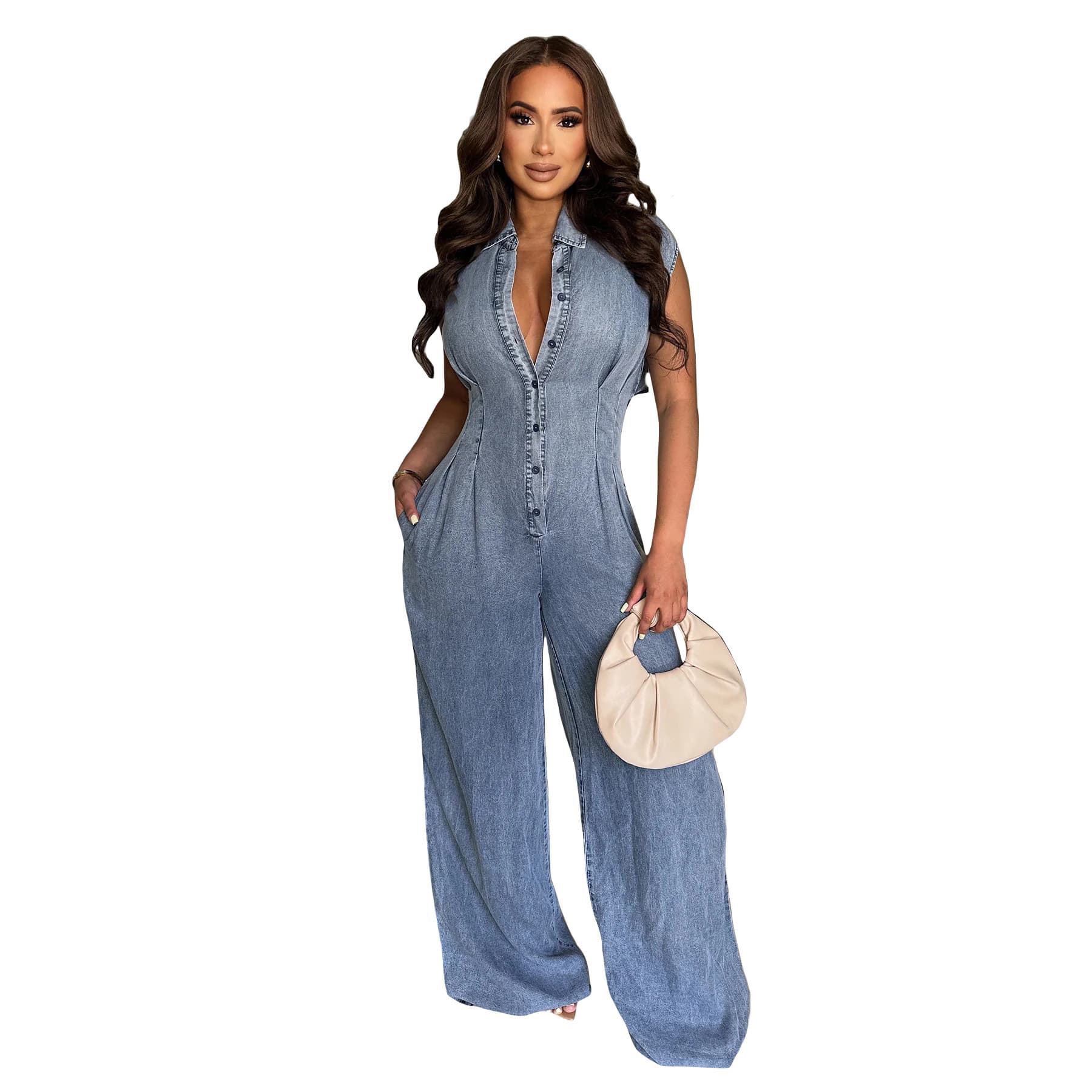 8603 Export European and American Cross-border High-waist Slim Fit Stretch Washed Denim Jumpsuit Straight Loose-fitting Bodysuit