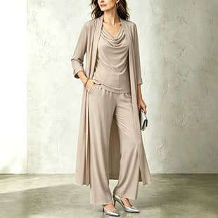 European and American cross-border women's spring and autumn minimalist long-sleeve draped neckline top, long cardigan jacket, and long pants three-piece set