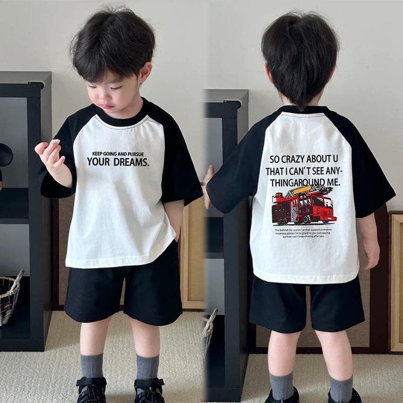 Children's Summer Pure Cotton Cartoon Top Boys' Round Neck Versatile Toddler Raglan Color-Blocking Trendy Baby T-Shirt