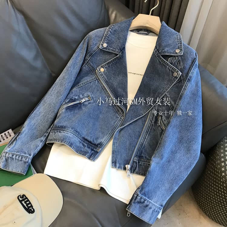 Trendy street style ~ full of fashion, a favorite of fashionistas! Motorcycle oversized lapel zip long-sleeve denim jacket