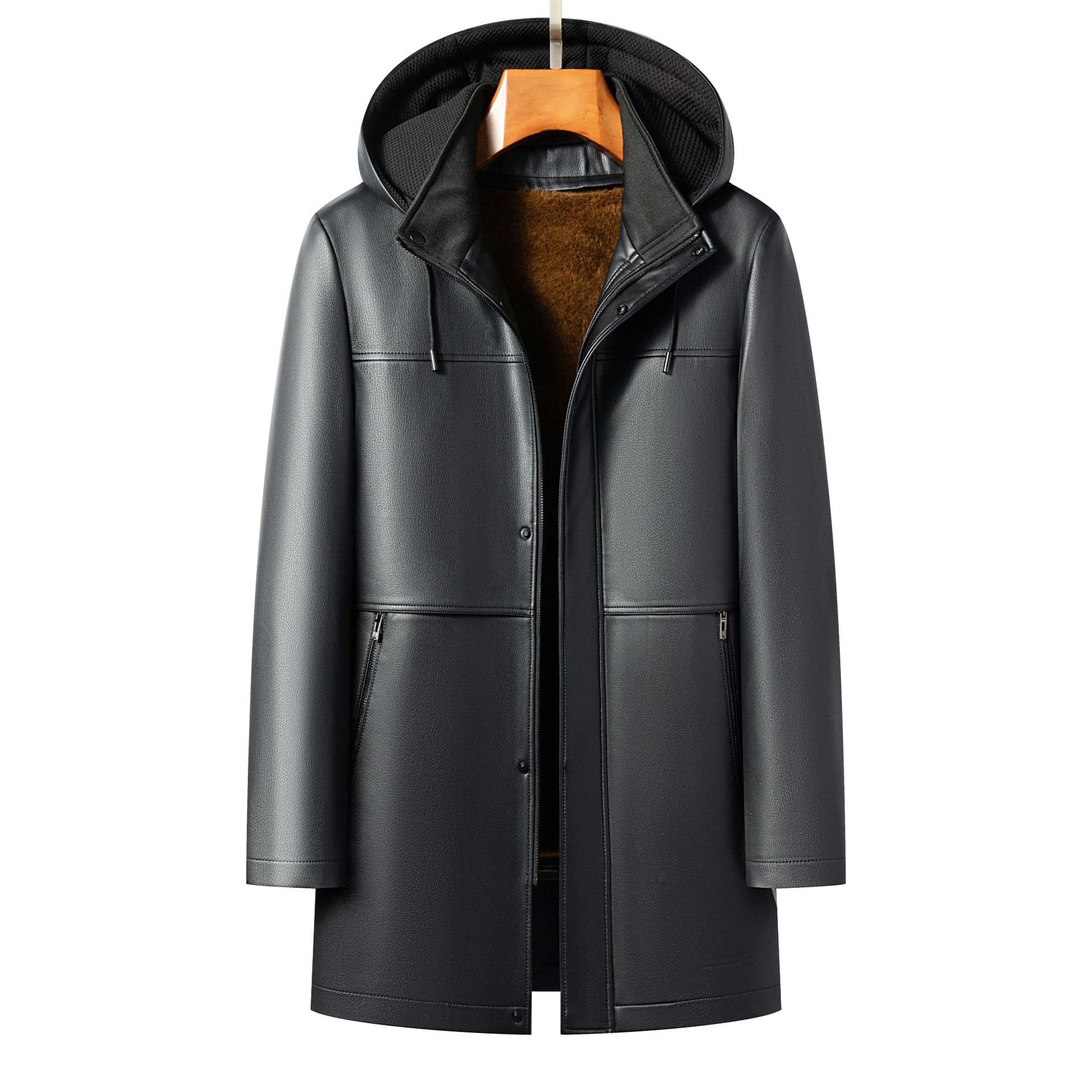 Middle-aged men's genuine leather jacket winter velvet thickened fur integrated removable liner hooded leather jacket for men